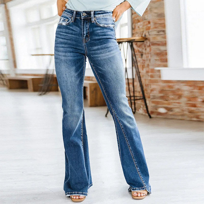 Patchwork Flared Vintage High Stretch Casual Denim Jean Blue / S