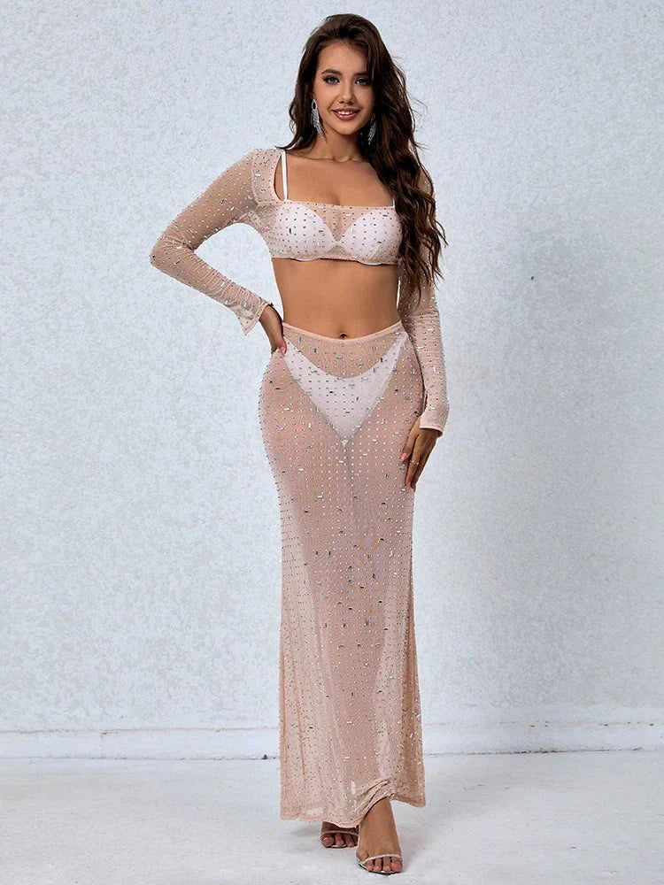 Women's Perspective Mesh Crystal Two Piece Set Square Neck Party Dress