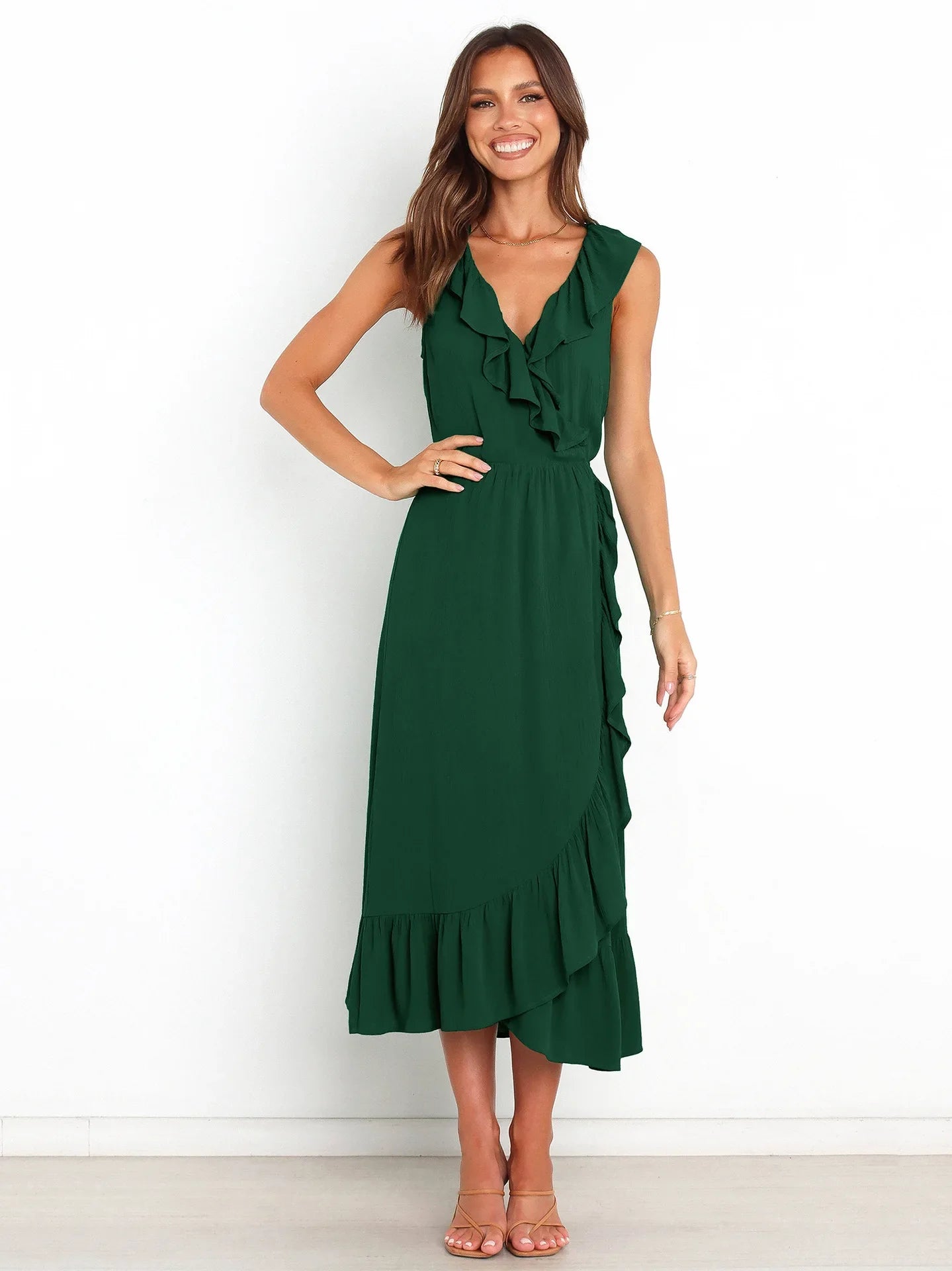 Ruffled Sleeveless Vneck Ruffled Highgrade Elegant Traf Midi Dresses