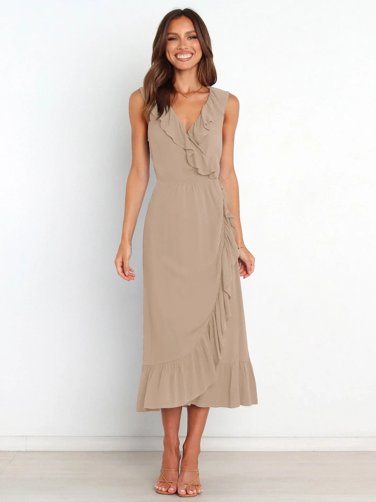 Ruffled Sleeveless Vneck Ruffled Highgrade Elegant Traf Midi Dresses