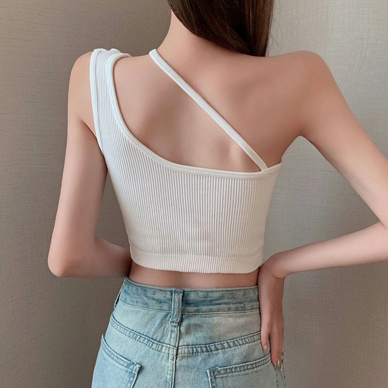 Sexy One Shoulder Sleeveless Crop Tops
