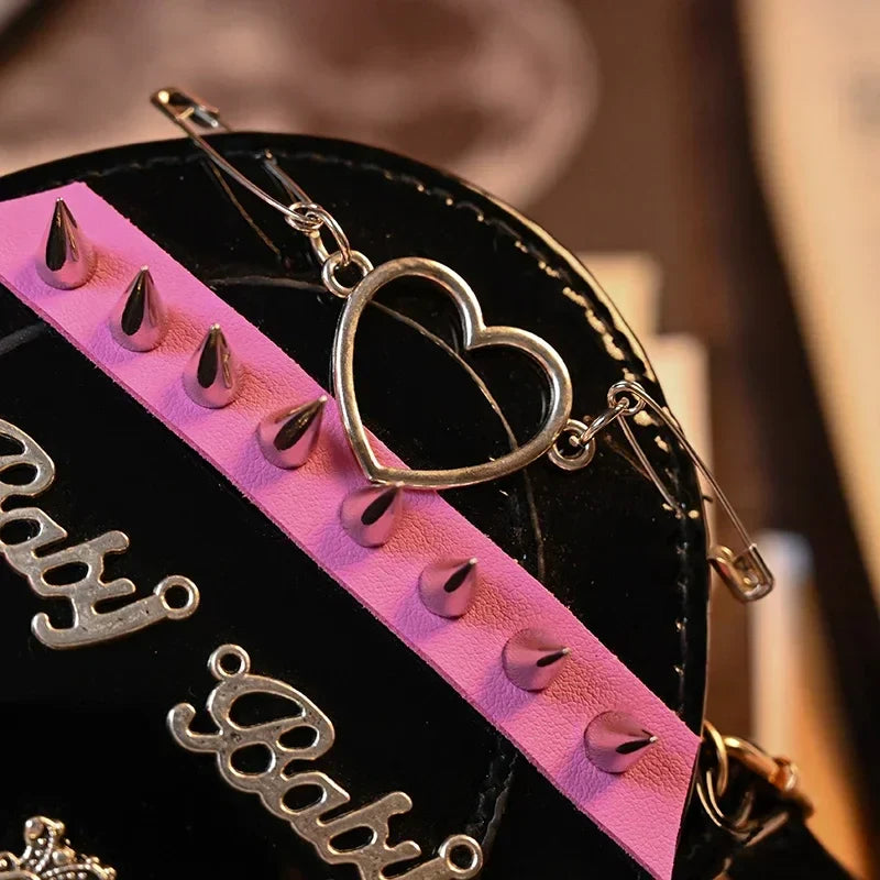 HeartShaped Leather Gothic Punk Crossbody Metal Decoration Shoulder Bag