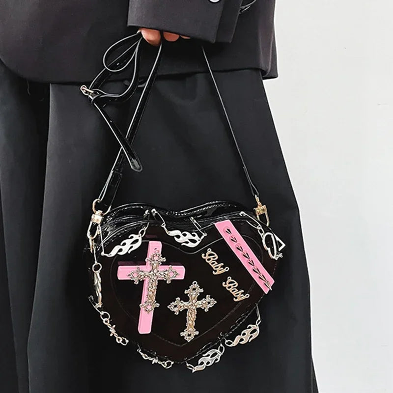 HeartShaped Leather Gothic Punk Crossbody Metal Decoration Shoulder Bag