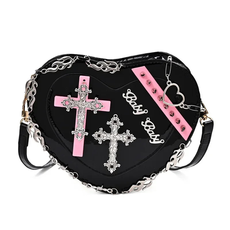 HeartShaped Leather Gothic Punk Crossbody Metal Decoration Shoulder Bag