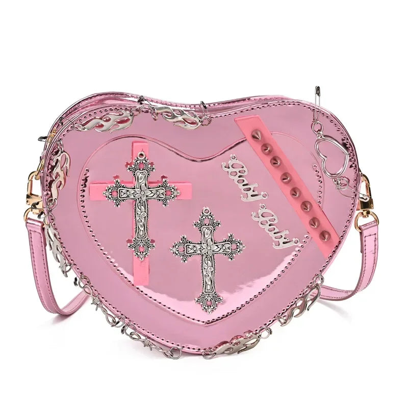 HeartShaped Leather Gothic Punk Crossbody Metal Decoration Shoulder Bag