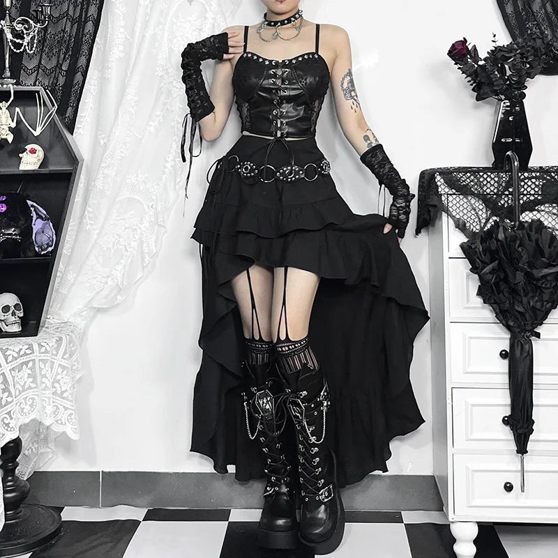 Women's SteamRetro Gothic Pleated Asymmetric HiLow Lace Party Irregular Victorian HighLow Skirt