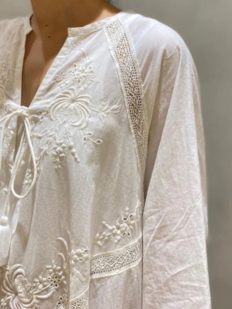 Elegant Embroidered White Lace VNeck Boho Dress