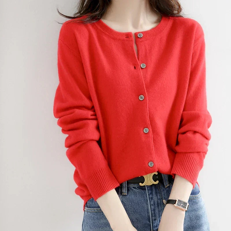 Short Slim O-Neck Single Breasted Gold Camel Knit Cardigan Red / S cardiagn-250126
