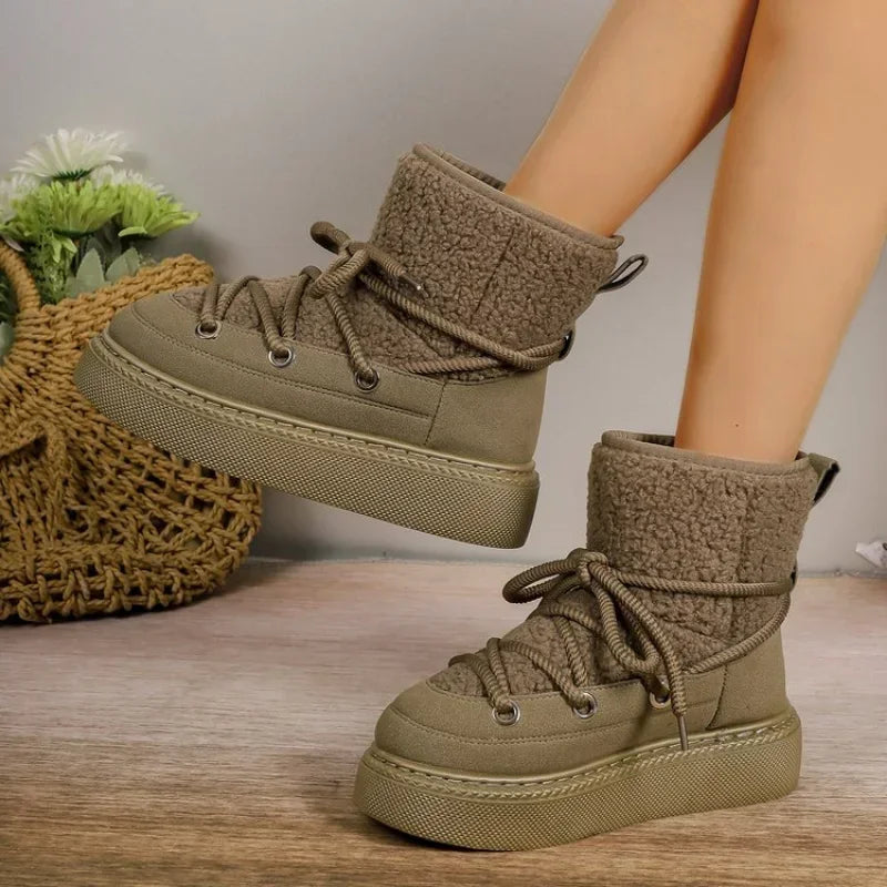 Thicksoled Crossstrap Round Toe Plush Warm Casual Snow Boot
