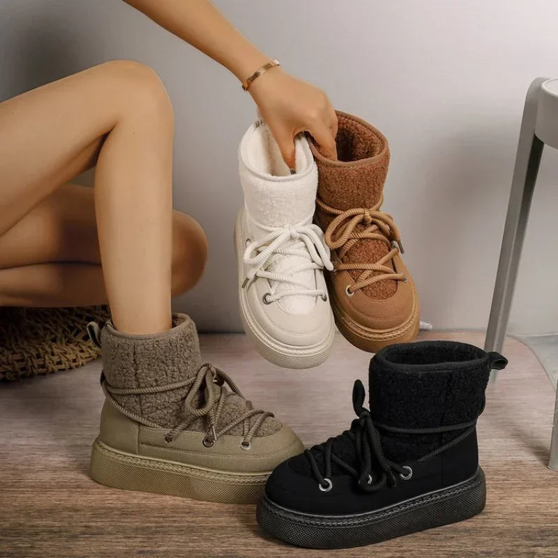 Thicksoled Crossstrap Round Toe Plush Warm Casual Snow Boot