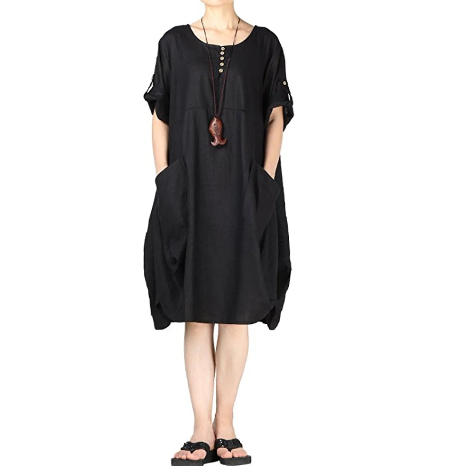Vintage Women's Tunic Short Round Neck Linen Sleeve Midi TShirt Women'S Summer Fashion Vintage Harajuku Loose Dress
