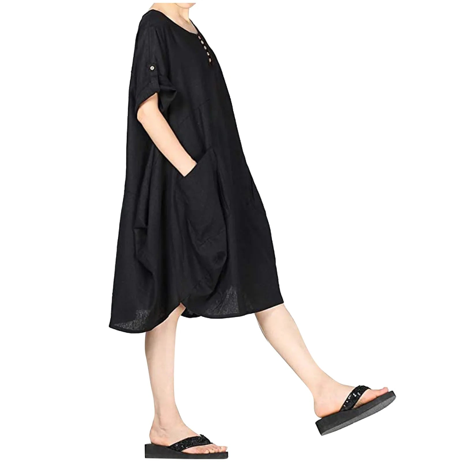 Vintage Women's Tunic Short Round Neck Linen Sleeve Midi TShirt Women'S Summer Fashion Vintage Harajuku Loose Dress