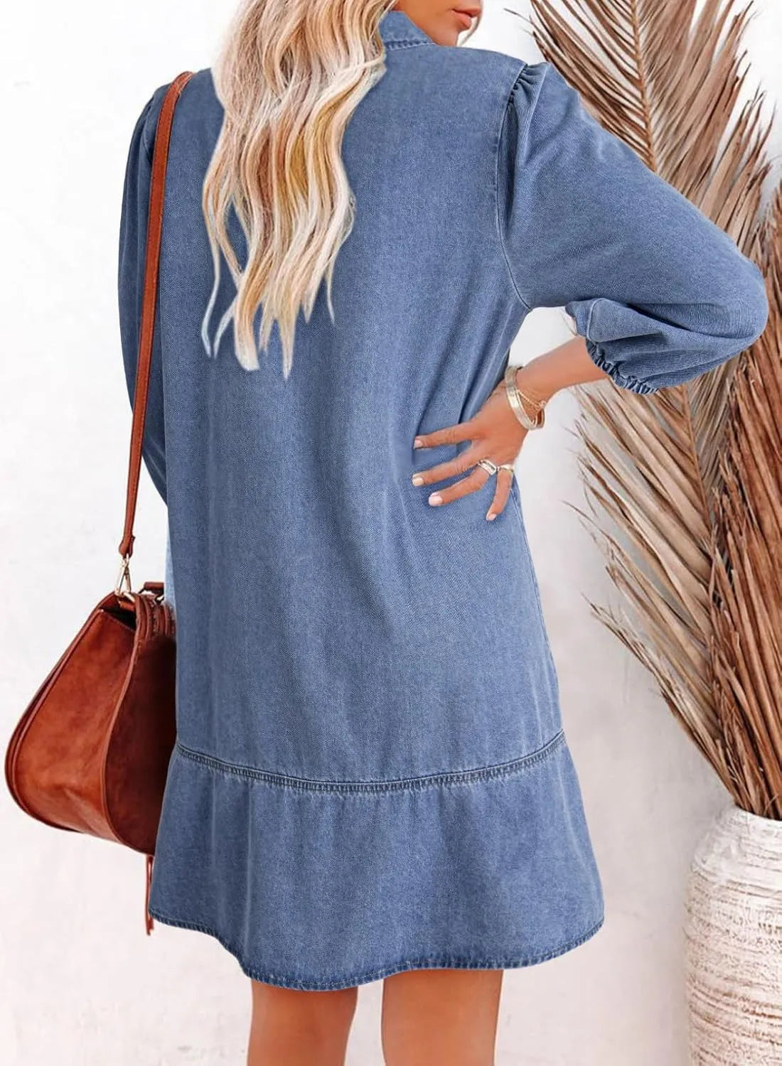 V-Neck Puff Sleeve Denim Layered Dress