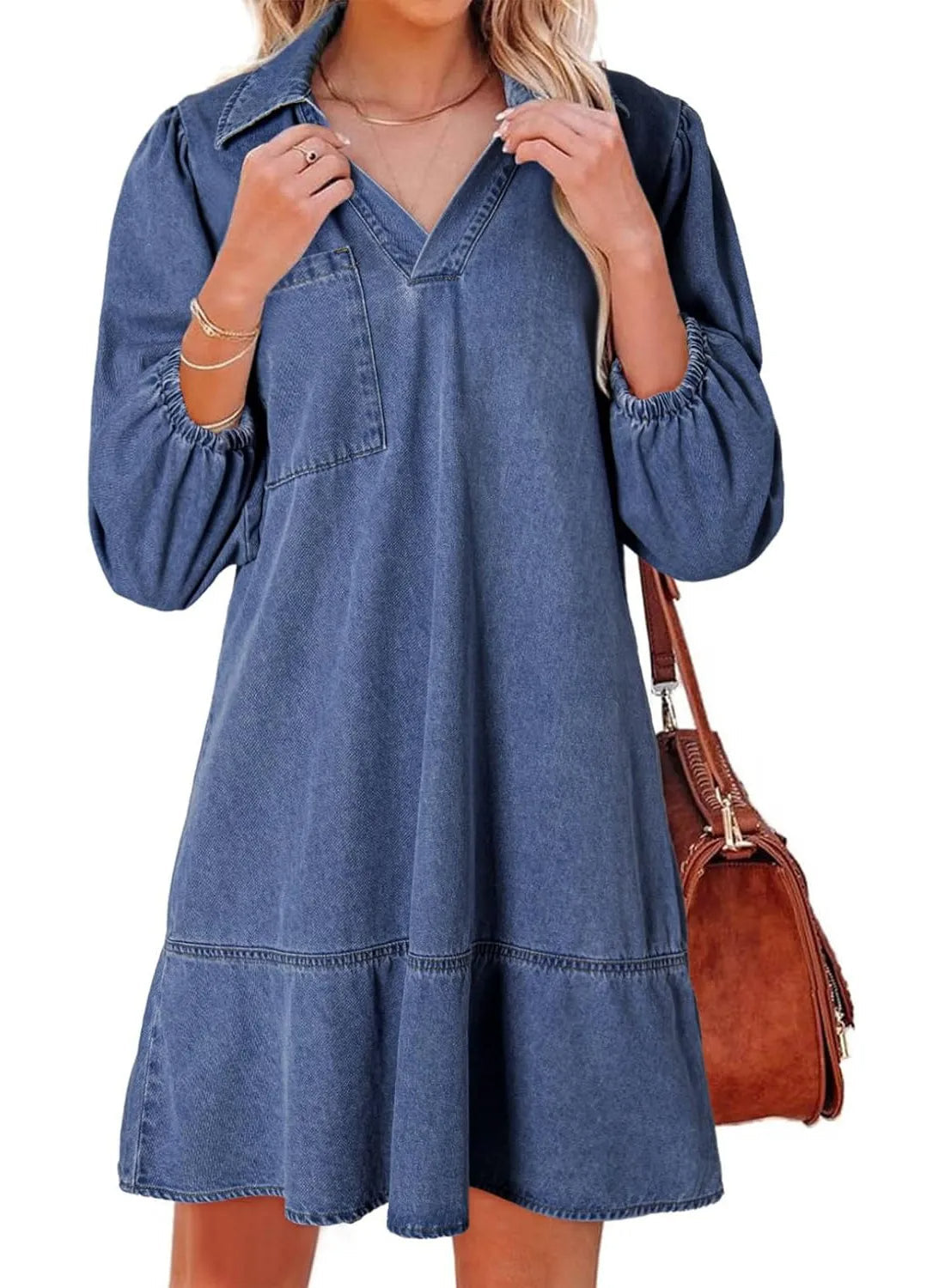 V-Neck Puff Sleeve Denim Layered Dress