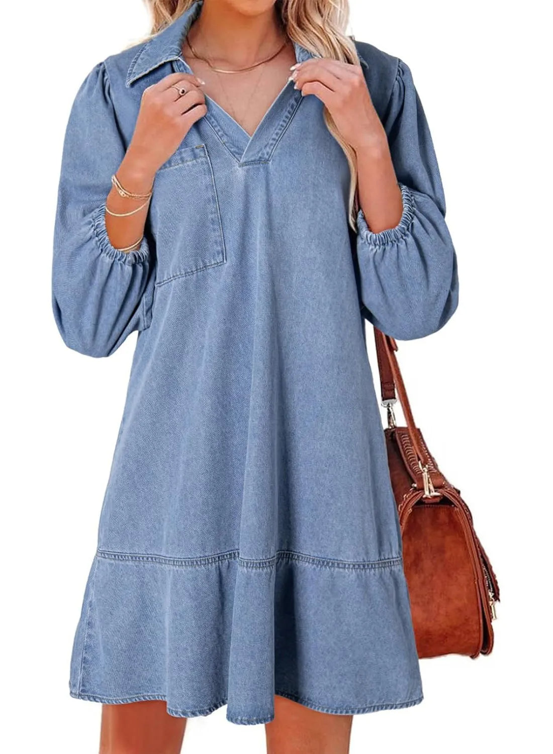 V-Neck Puff Sleeve Denim Layered Dress