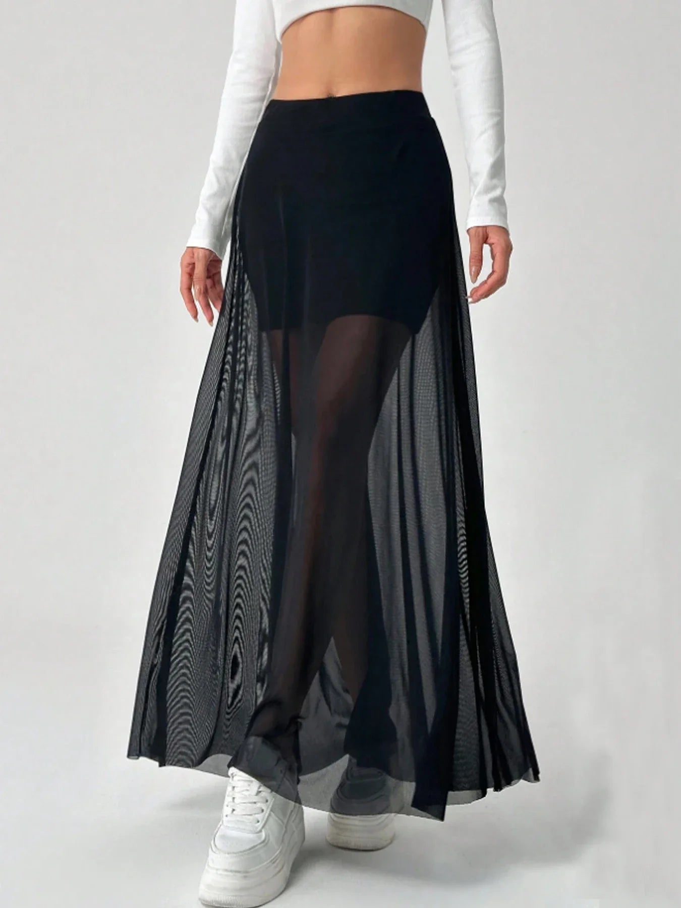 Women's Mesh Patchwork Elastic Highwaisted Aline Fashion Long Skirt