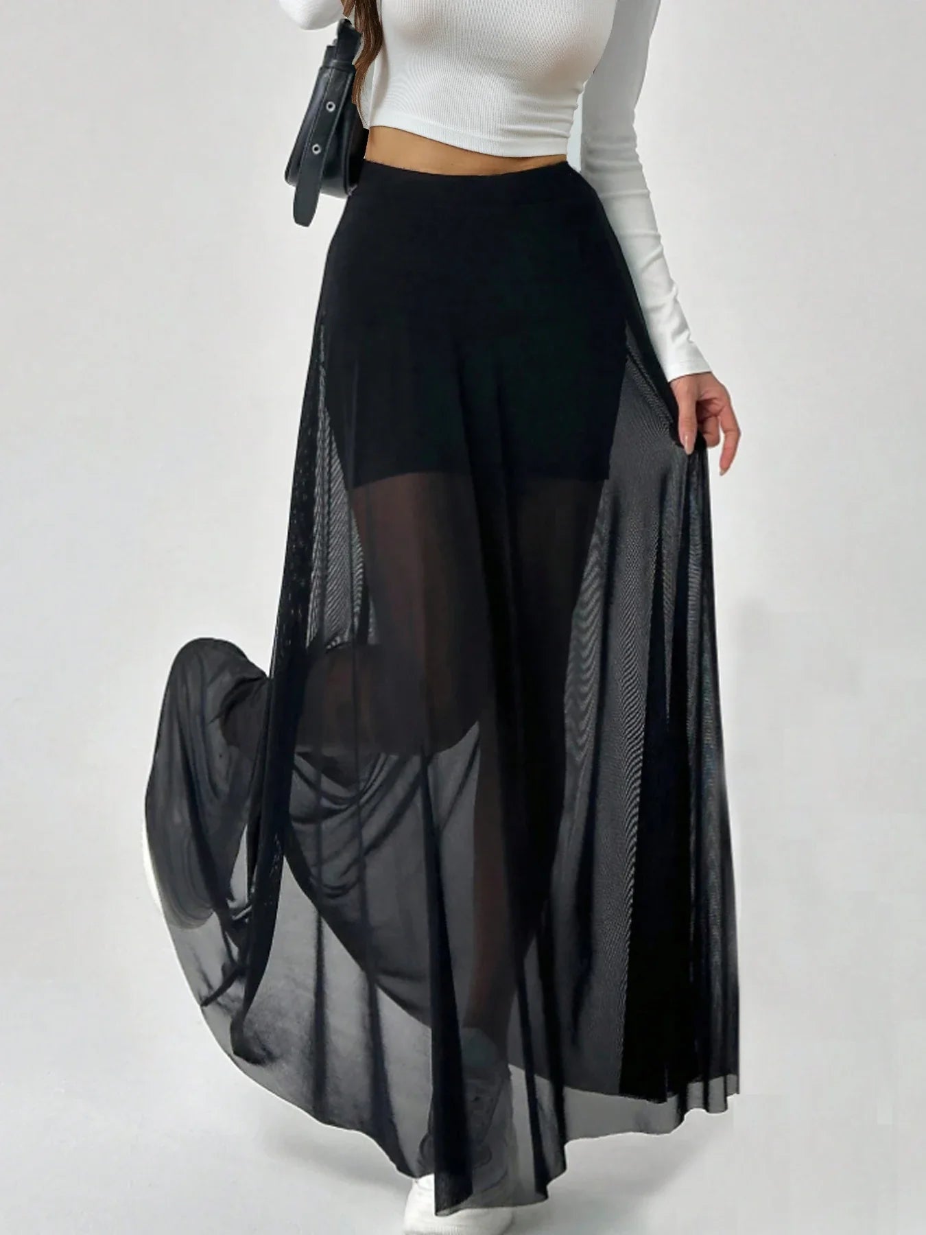 Women's Mesh Patchwork Elastic Highwaisted Aline Fashion Long Skirt