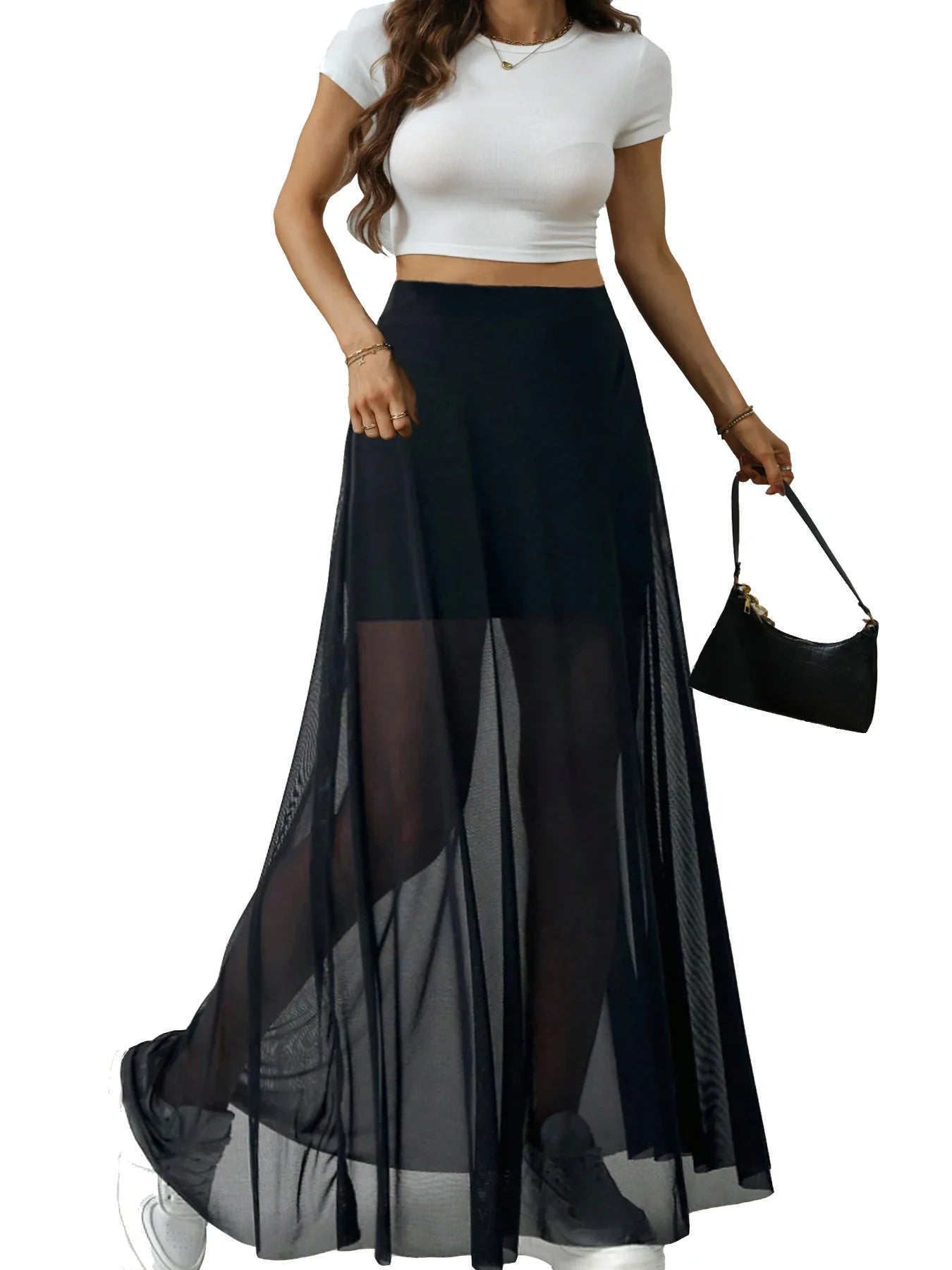 Women's Mesh Patchwork Elastic Highwaisted Aline Fashion Long Skirt