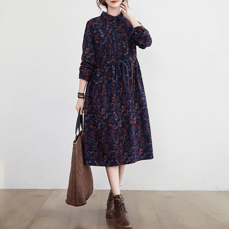 Women Cotton Linen Long Dress New 2021 Autumn Vintage Style Print Turn-down Collar Loose Ladies A-line Casual Dresses