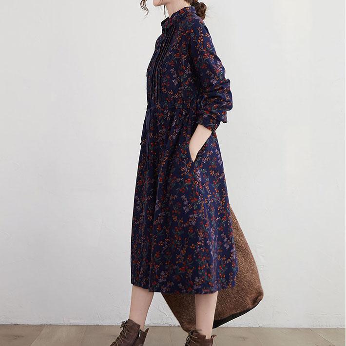 Women Cotton Linen Long Dress New 2021 Autumn Vintage Style Print Turn-down Collar Loose Ladies A-line Casual Dresses