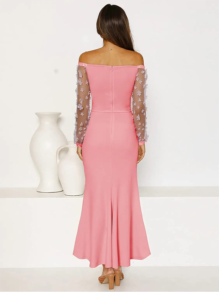 Women Elegant Off Shoulder Long Sleeve Ruched Wrap Split Maxi Dress