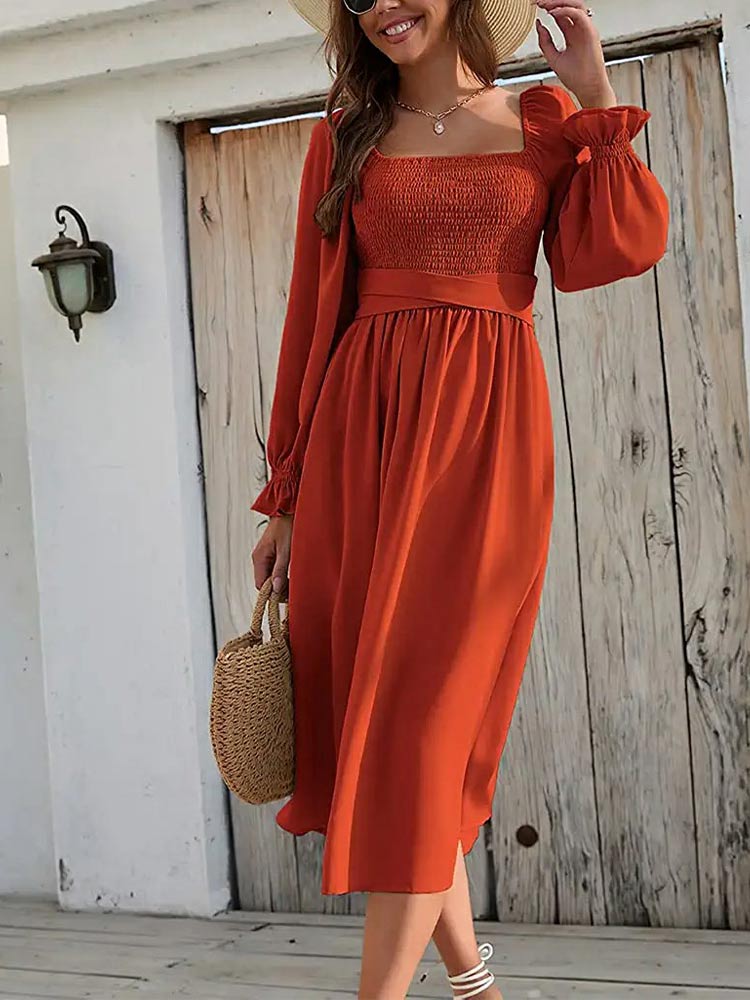 Women Long Puff Sleeve Sage Ruffle Wrap Flowy Midi Dress