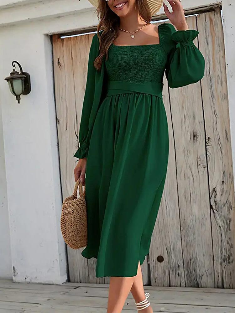 Women Long Puff Sleeve Sage Ruffle Wrap Flowy Midi Dress