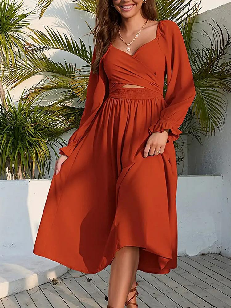 Women Long Puff Sleeve Sage Ruffle Wrap Flowy Midi Dress