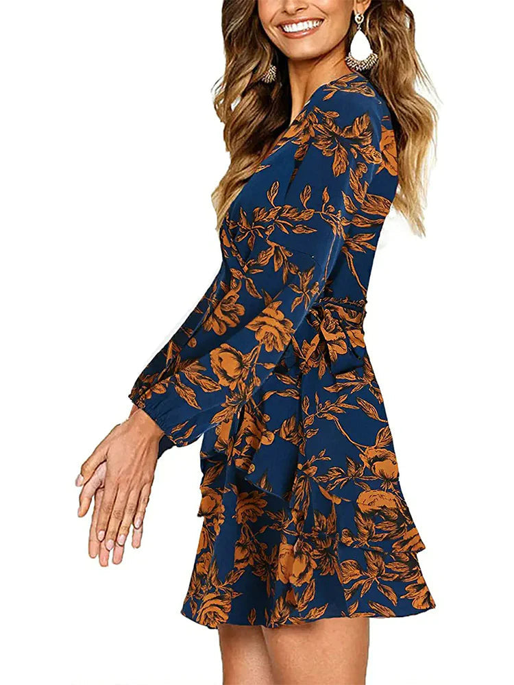 Women Long Sleeve V Neck Dress Floral Swing Party Wedding Mini Dress