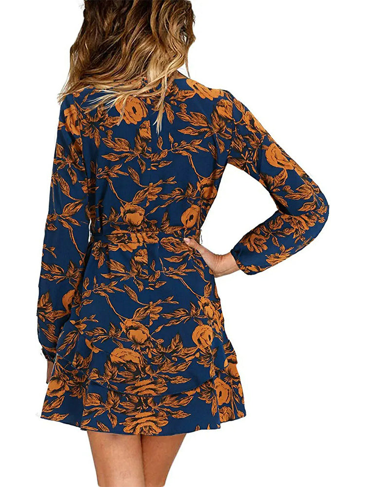 Women Long Sleeve V Neck Dress Floral Swing Party Wedding Mini Dress