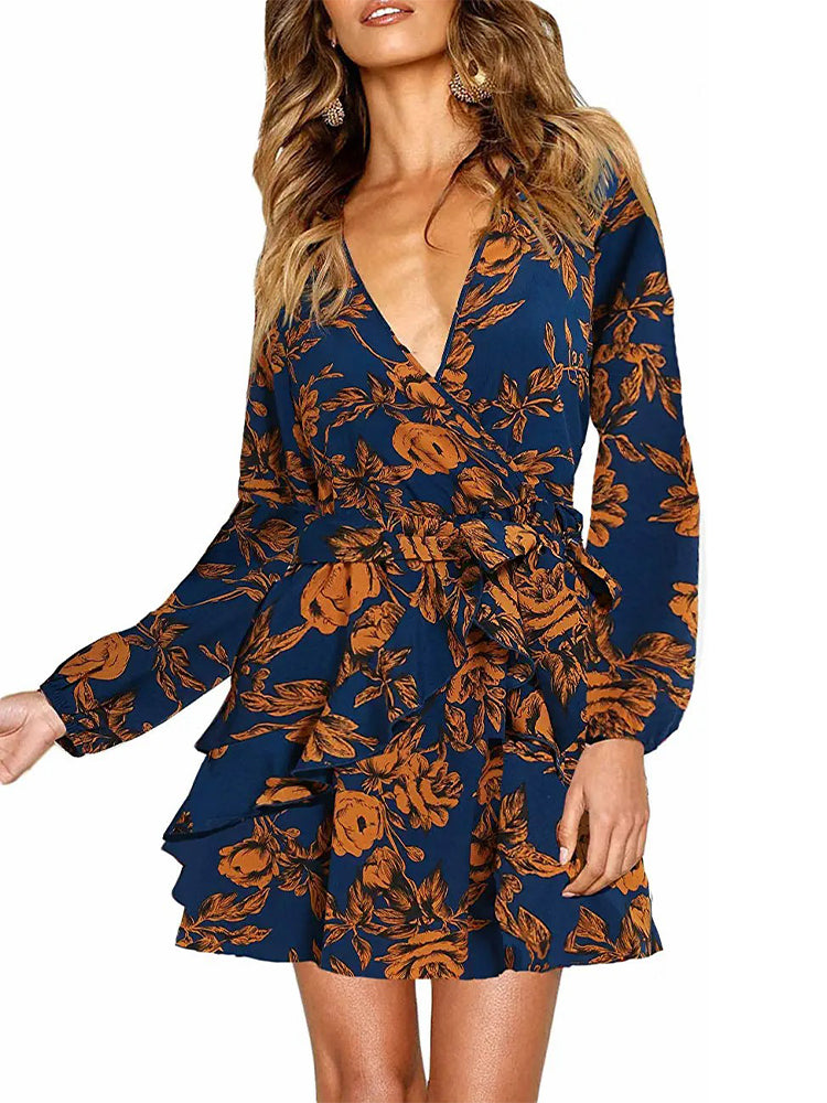 Women Long Sleeve V Neck Dress Floral Swing Party Wedding Mini Dress