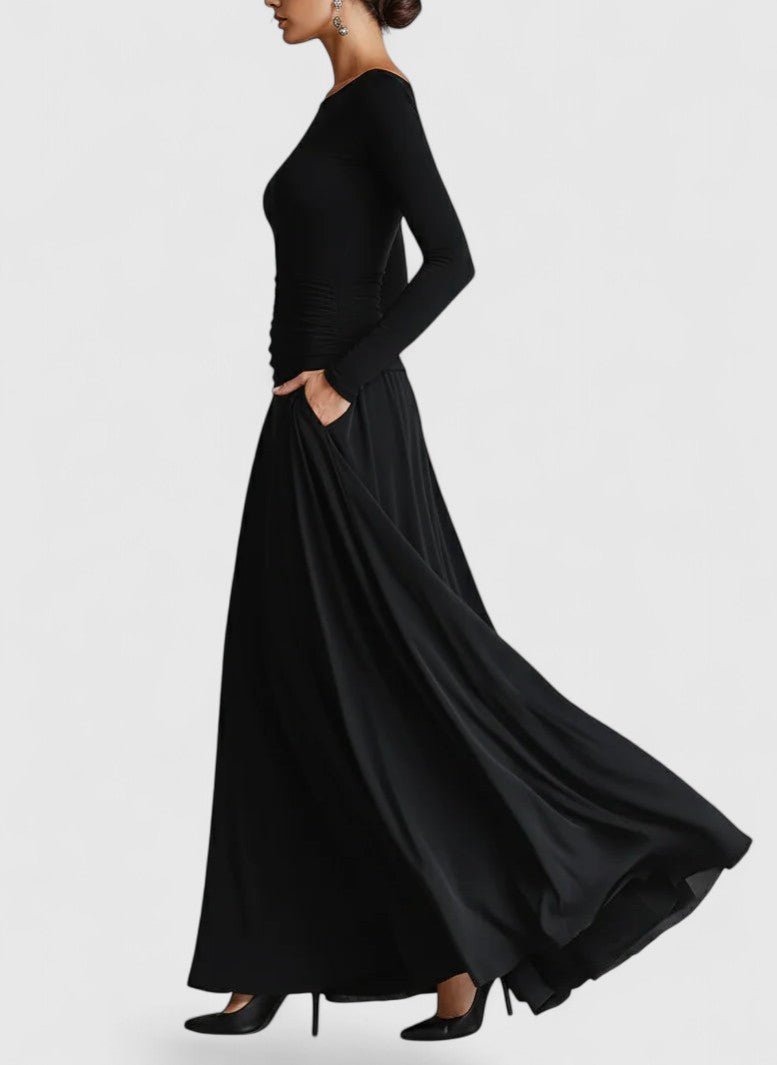 Black Boat Neck Long Sleeve Ruched A-Line Maxi Gown