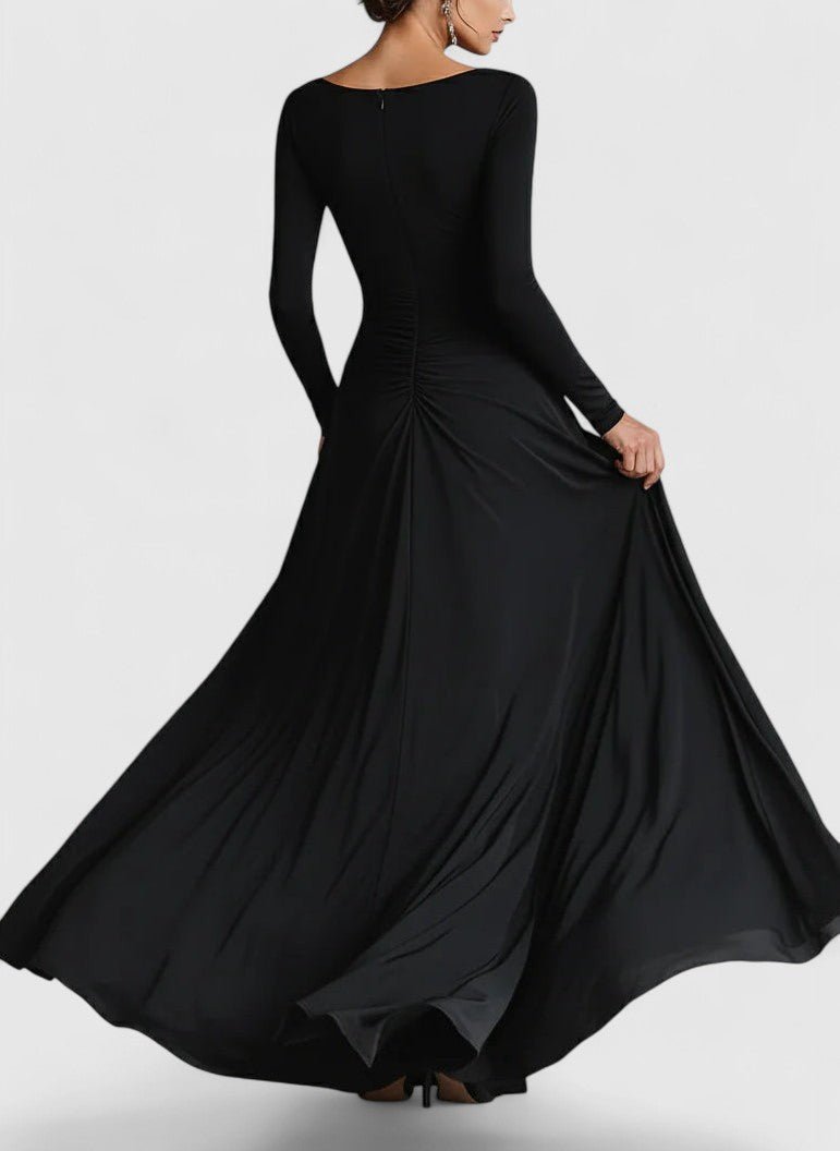Black Boat Neck Long Sleeve Ruched A-Line Maxi Gown