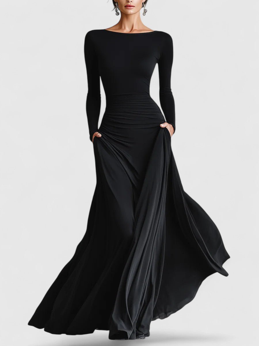 Black Boat Neck Long Sleeve Ruched A-Line Maxi Gown