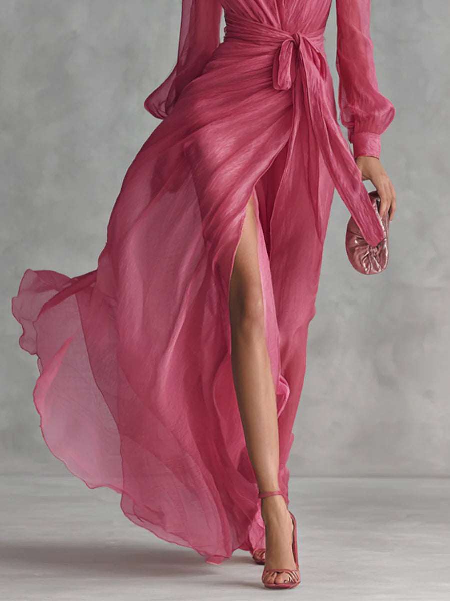 Pink V-Neck Chiffon Wrap Long Sleeve Tie Waist High Slit Maxi Gown