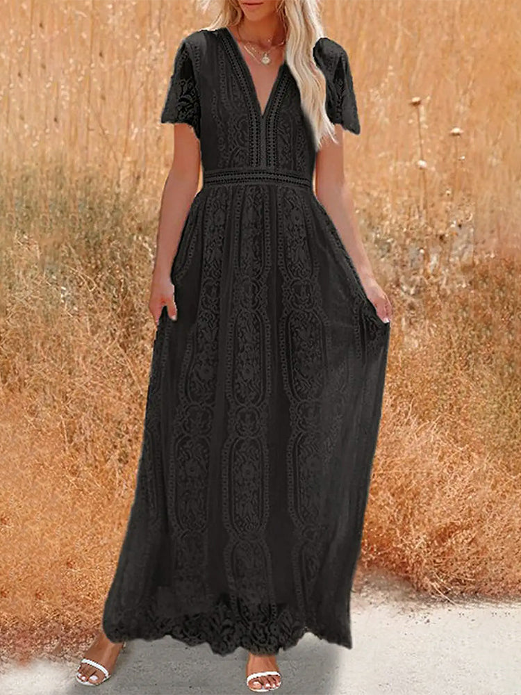 Women's Floral Lace Short Sleeve V Neck Bridesmaid Wedding Evening Party Maxi Dress
