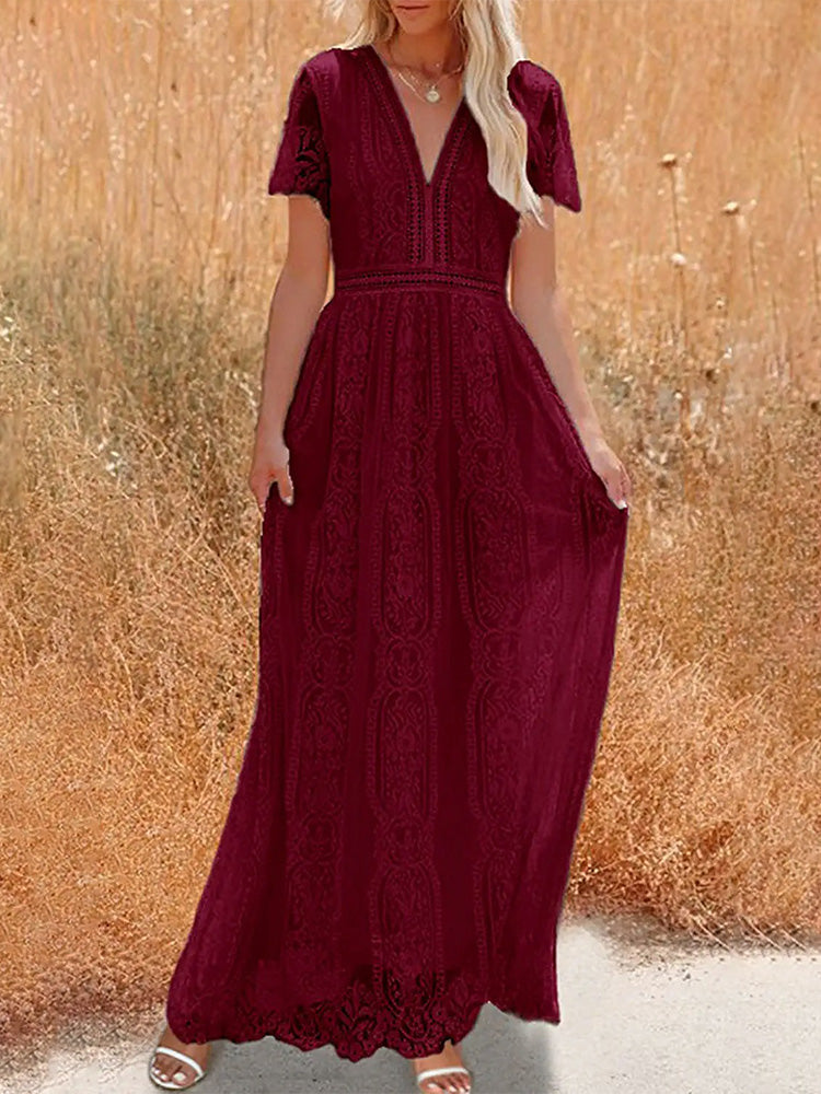 Women's Floral Lace Short Sleeve V Neck Bridesmaid Wedding Evening Party Maxi Dress