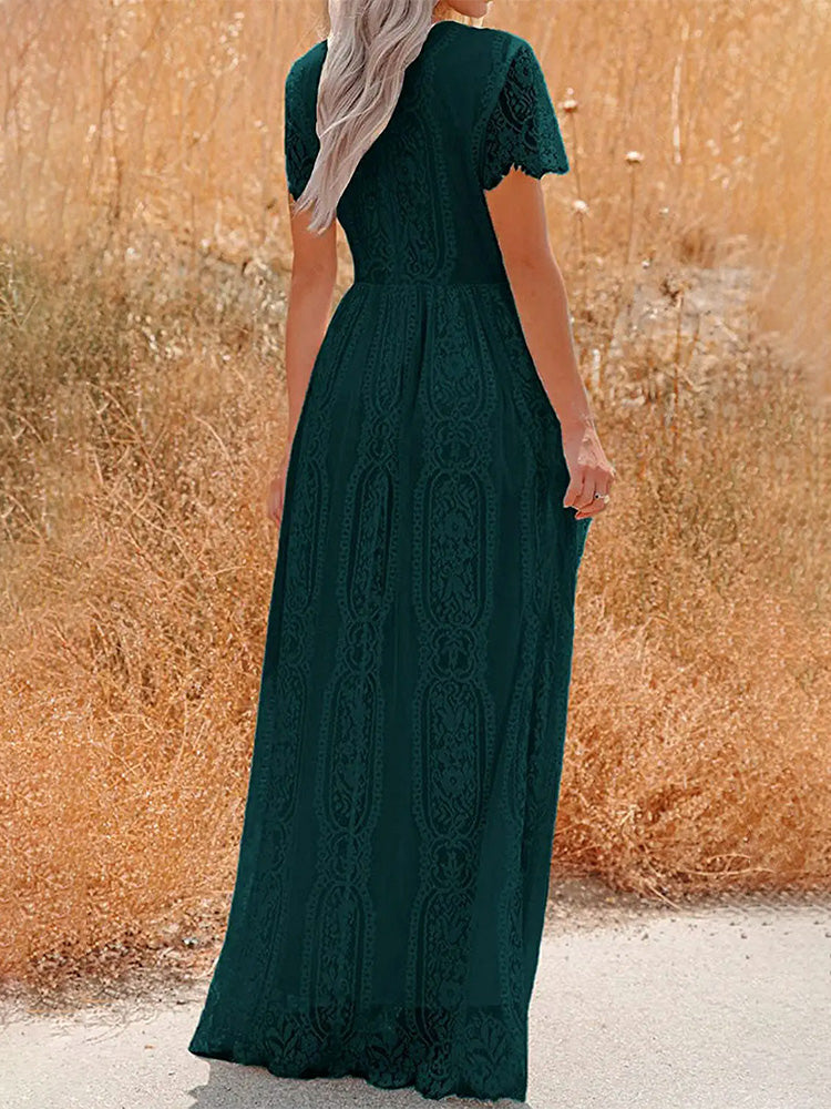 Women's Floral Lace Short Sleeve V Neck Bridesmaid Wedding Evening Party Maxi Dress