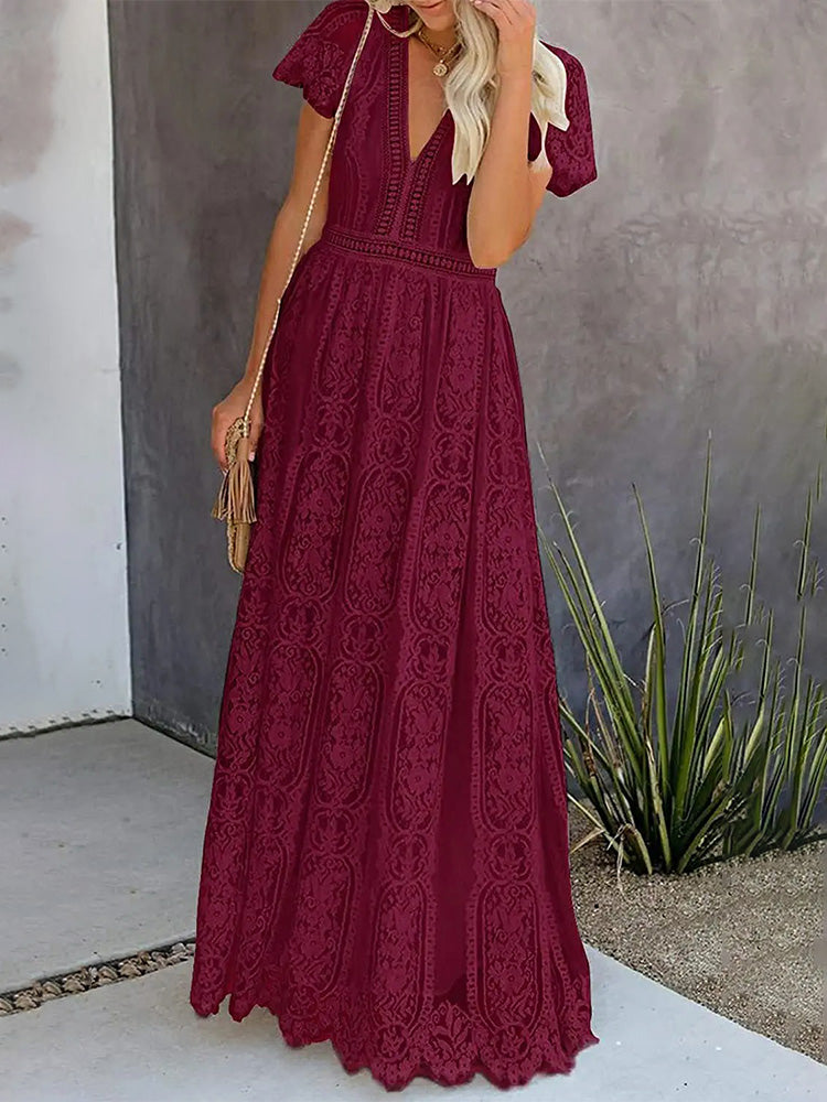 Women's Floral Lace Short Sleeve V Neck Bridesmaid Wedding Evening Party Maxi Dress