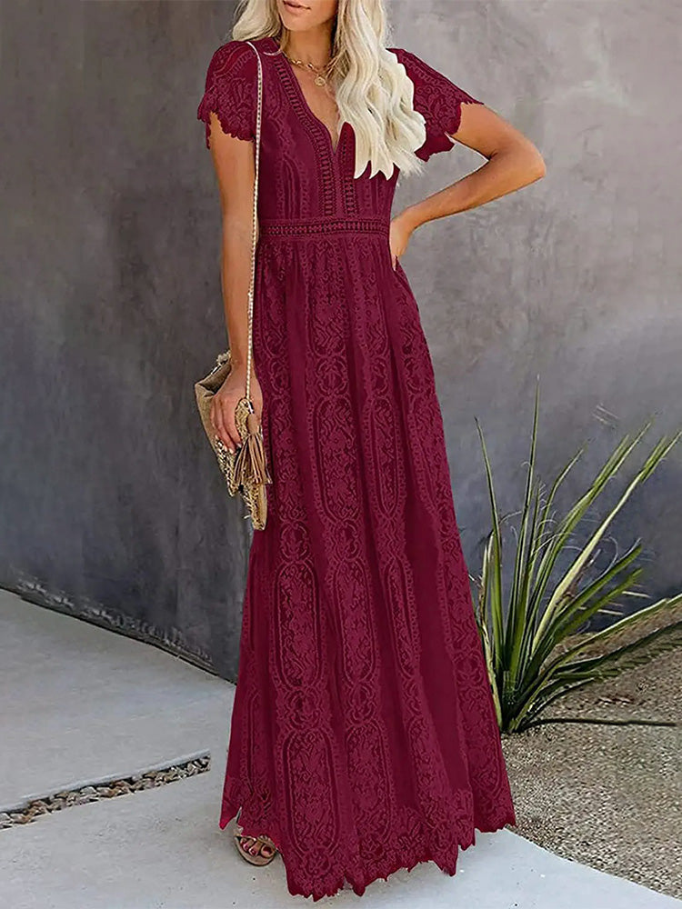 Women's Floral Lace Short Sleeve V Neck Bridesmaid Wedding Evening Party Maxi Dress