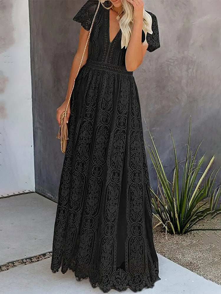 Women's Floral Lace Short Sleeve V Neck Bridesmaid Wedding Evening Party Maxi Dress