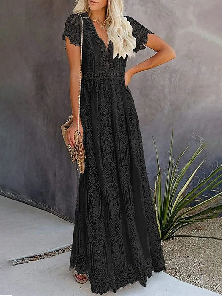 Women's Floral Lace Short Sleeve V Neck Bridesmaid Wedding Evening Party Maxi Dress