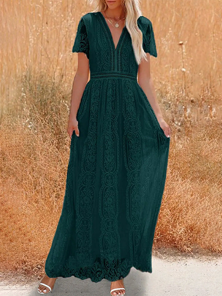Women's Floral Lace Short Sleeve V Neck Bridesmaid Wedding Evening Party Maxi Dress