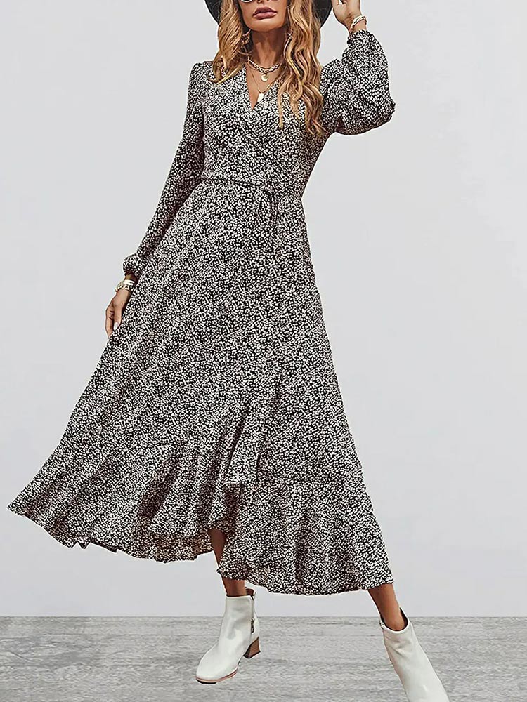Women’s Long Sleeve Bohemian V-Neck Floral Print High Split Tie Wrap Midi Dress