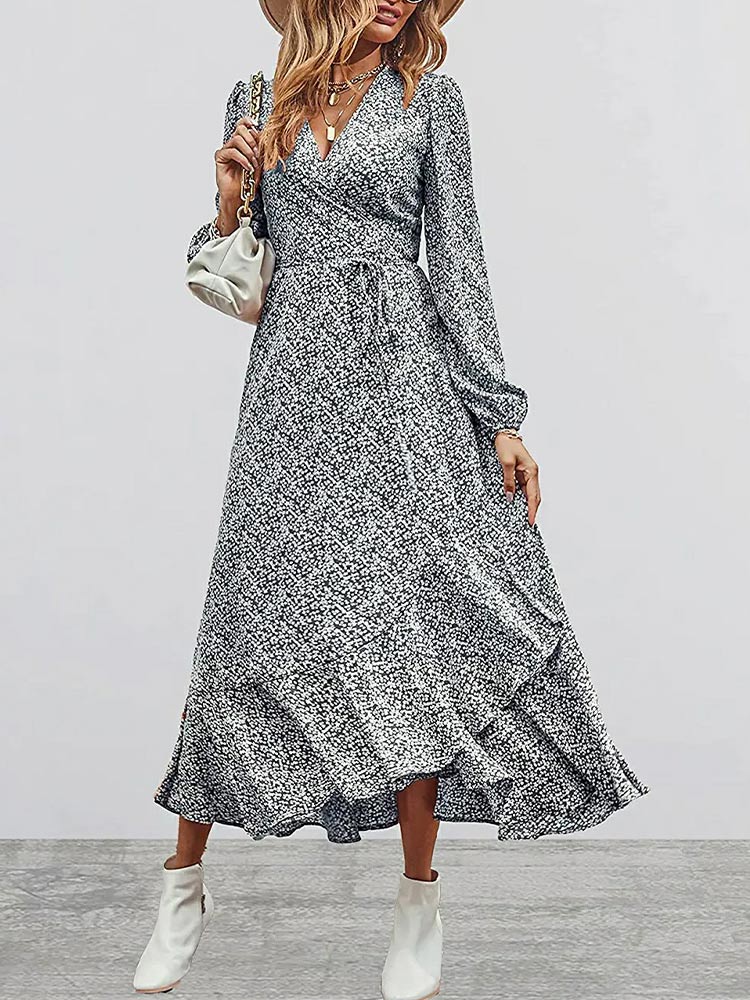 Women’s Long Sleeve Bohemian V-Neck Floral Print High Split Tie Wrap Midi Dress