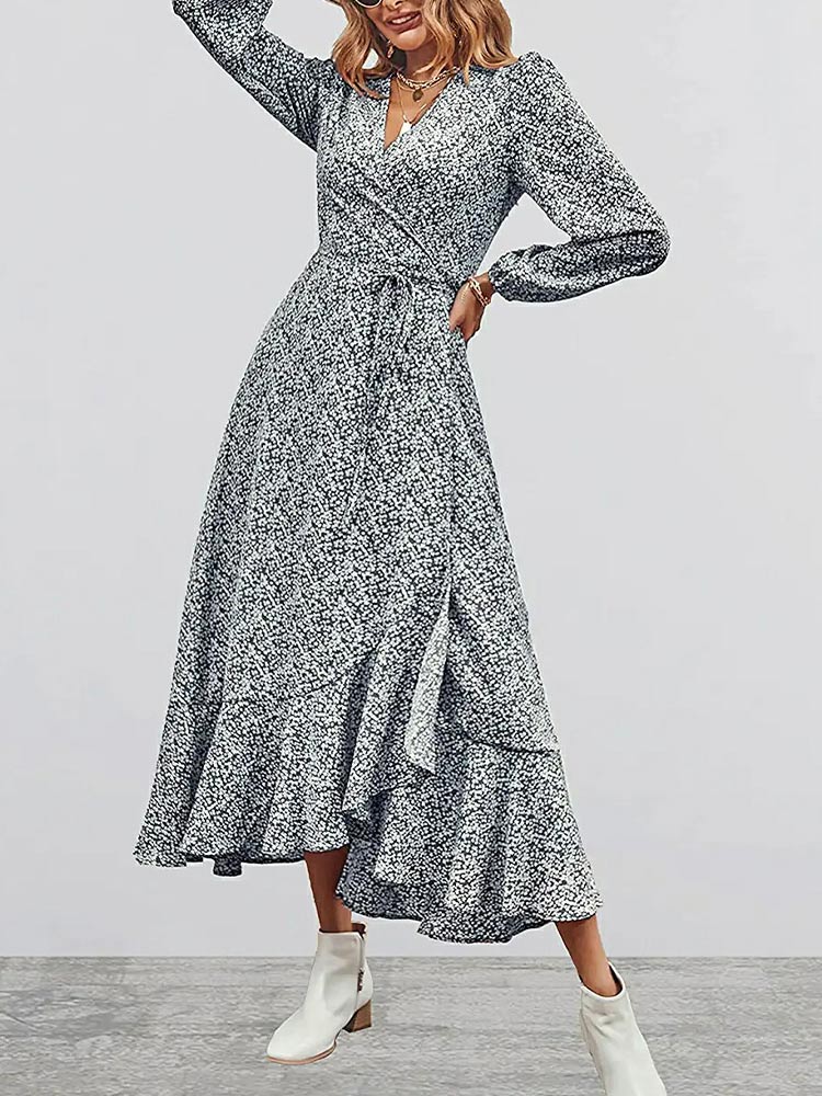 Women’s Long Sleeve Bohemian V-Neck Floral Print High Split Tie Wrap Midi Dress