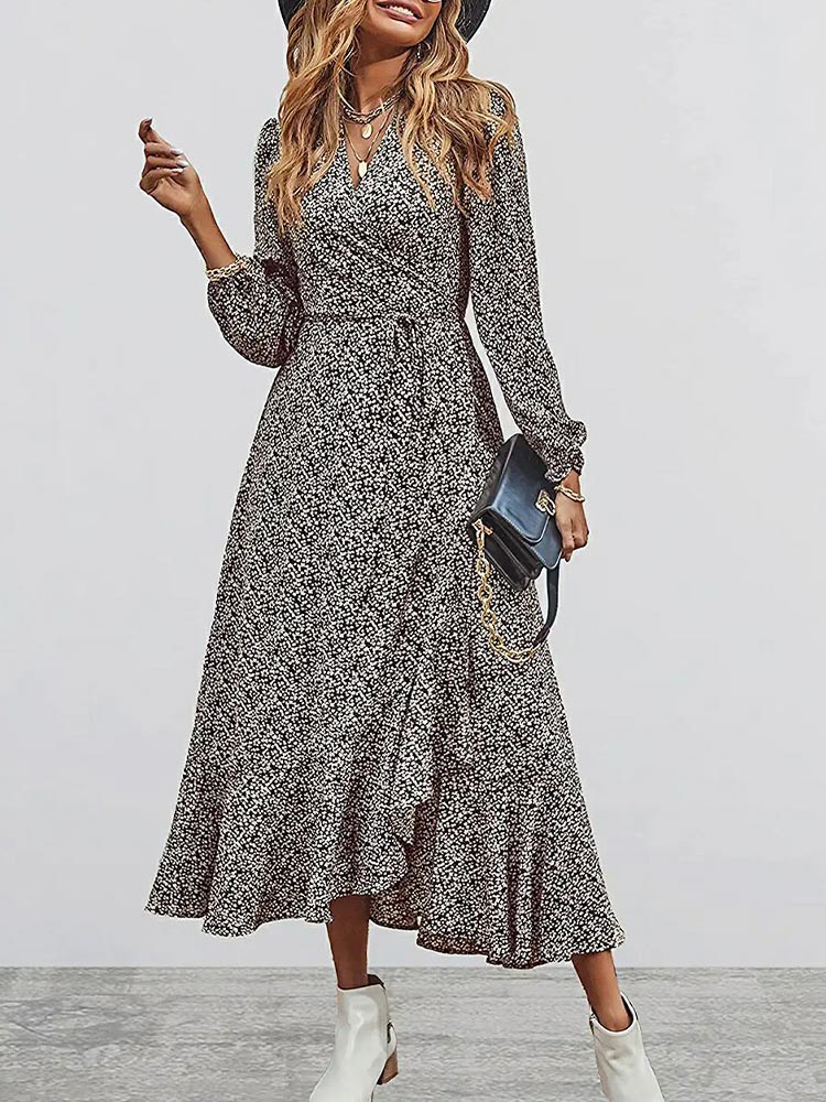 Women’s Long Sleeve Bohemian V-Neck Floral Print High Split Tie Wrap Midi Dress