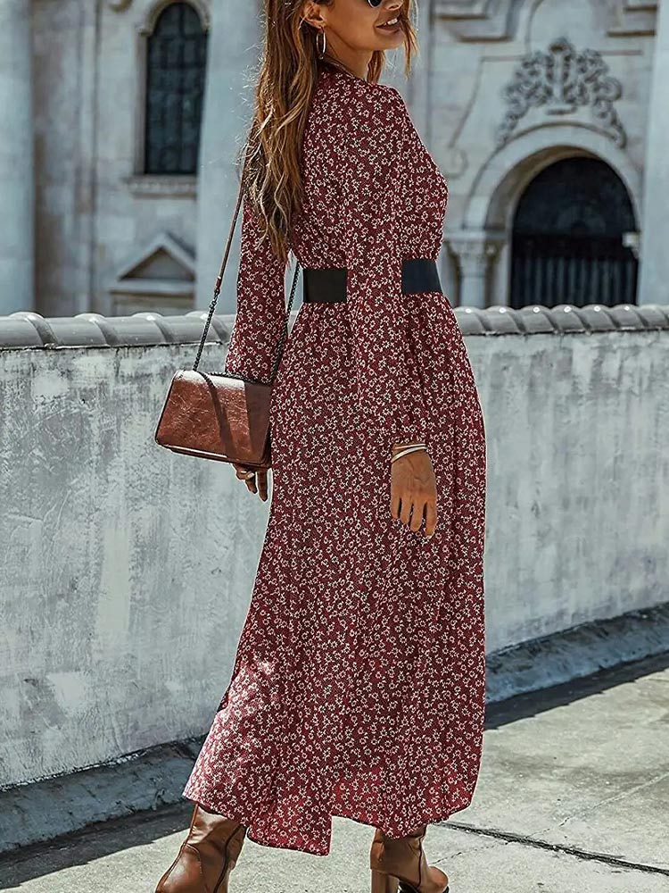 Women’s Long Sleeve Bohemian V-Neck Floral Print High Split Tie Wrap Midi Dress