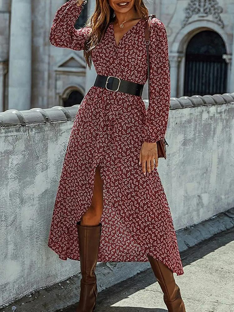 Women’s Long Sleeve Bohemian V-Neck Floral Print High Split Tie Wrap Midi Dress