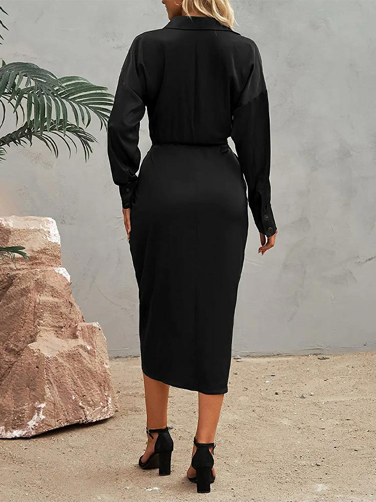 Women's Long Sleeve Lapel V Neck Button Down Satin Dresses Elegant Ruched Maxi Dress